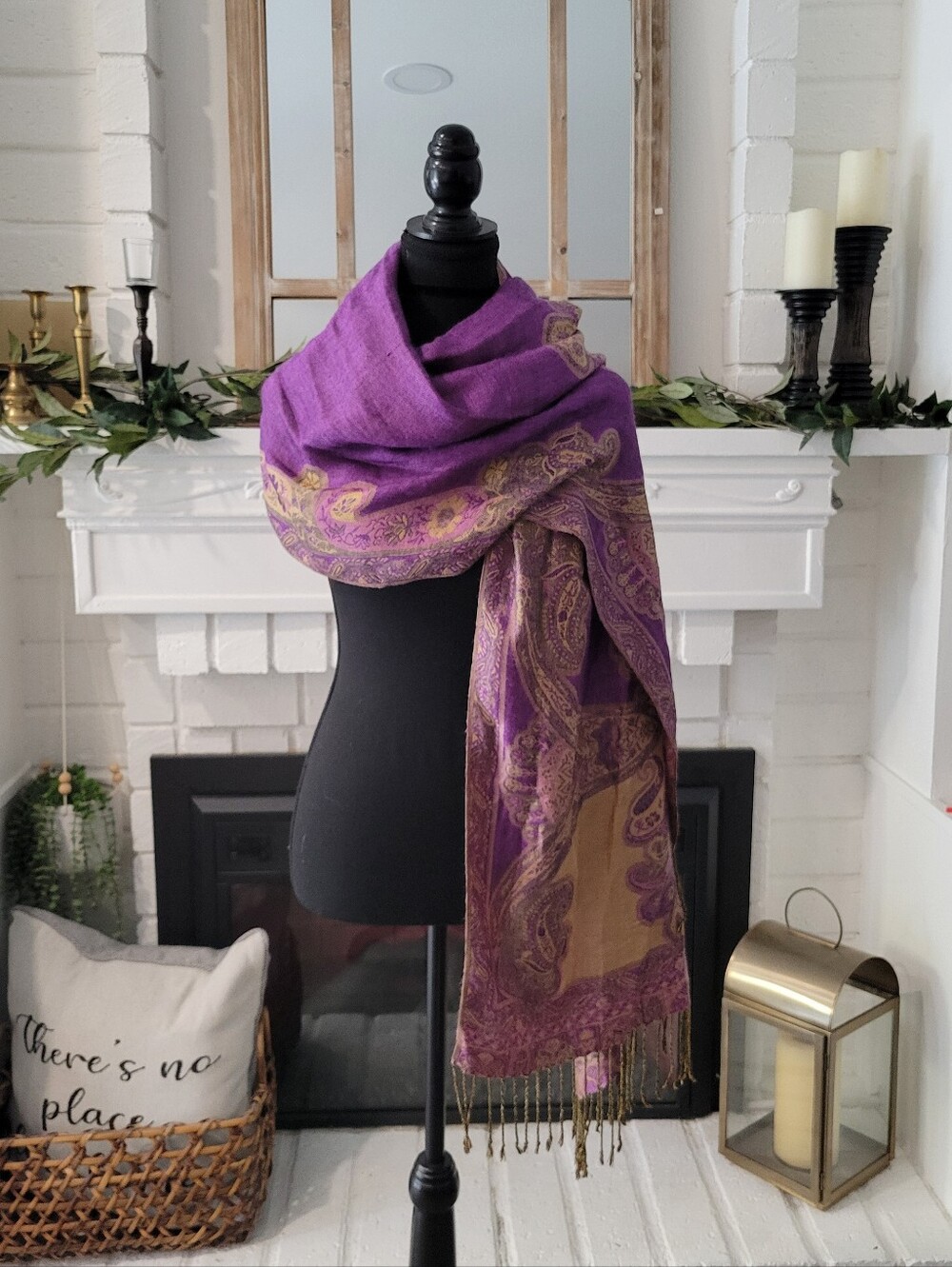 Purple Paisley Pashima Shawl Scarf with Gold And Fringe Accents